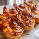Close-up of perfectly cooked Honey Garlic Grilled Shrimp glazed with sauce and sprinkled with sesame seeds on a white plate.