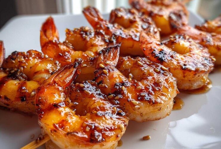 Close-up of perfectly cooked Honey Garlic Grilled Shrimp glazed with sauce and sprinkled with sesame seeds on a white plate.