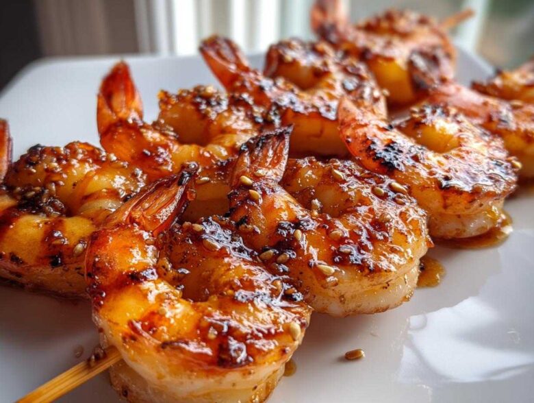 Close-up of perfectly cooked Honey Garlic Grilled Shrimp glazed with sauce and sprinkled with sesame seeds on a white plate.