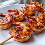 Close-up of perfectly cooked Honey Garlic Grilled Shrimp on skewers, coated in a shiny, caramelized glaze.