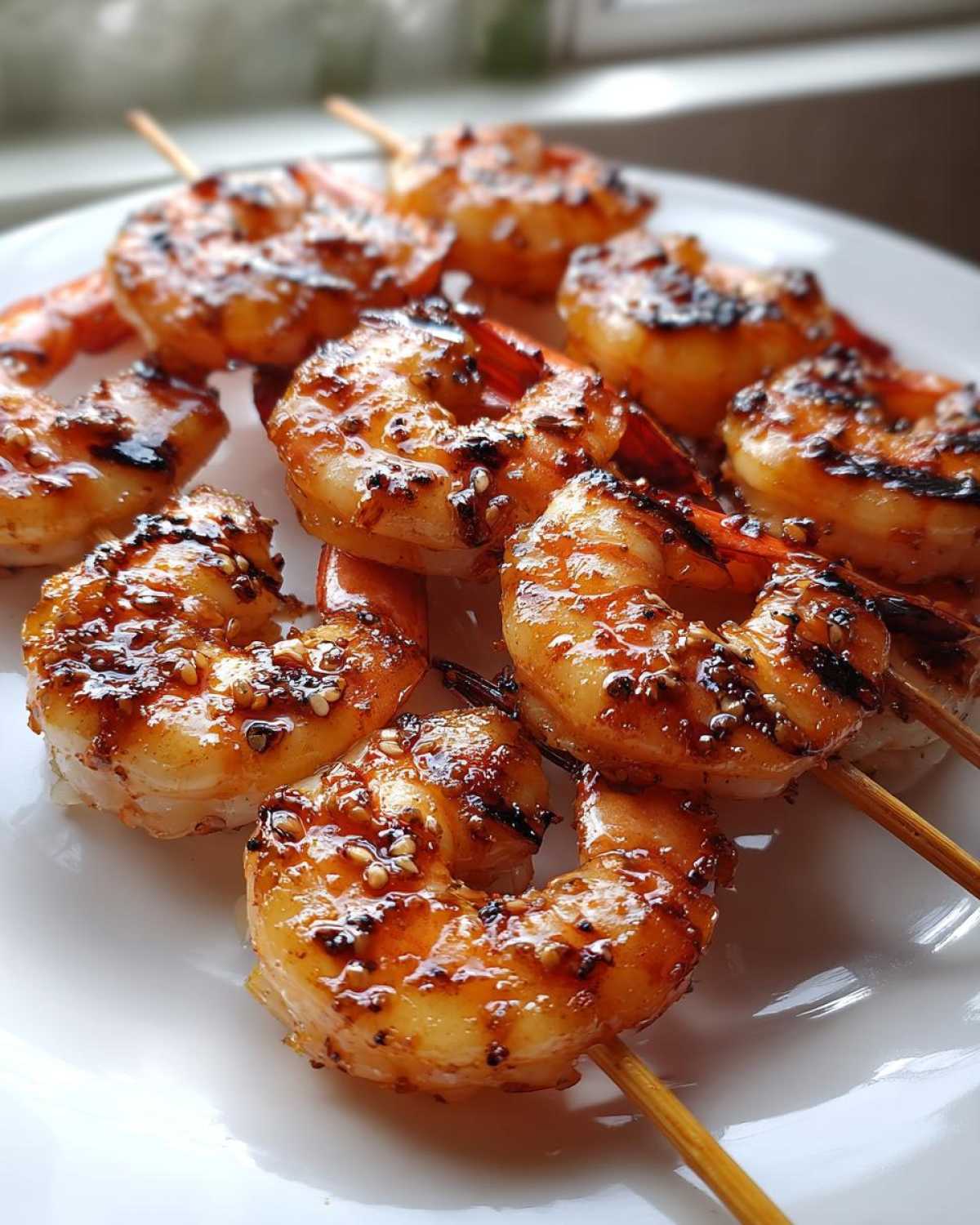 Close-up of several Honey Garlic Grilled Shrimp skewers, glistening with a dark, caramelized glaze and sesame seeds, served on a white plate.