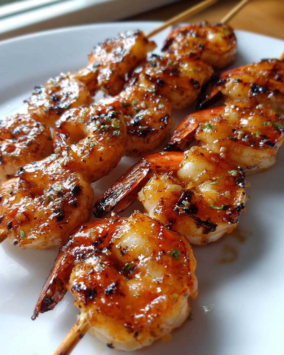 Close-up of perfectly grilled Honey Garlic Grilled Shrimp skewers, glistening with a sweet and savory glaze and flecks of green herbs.