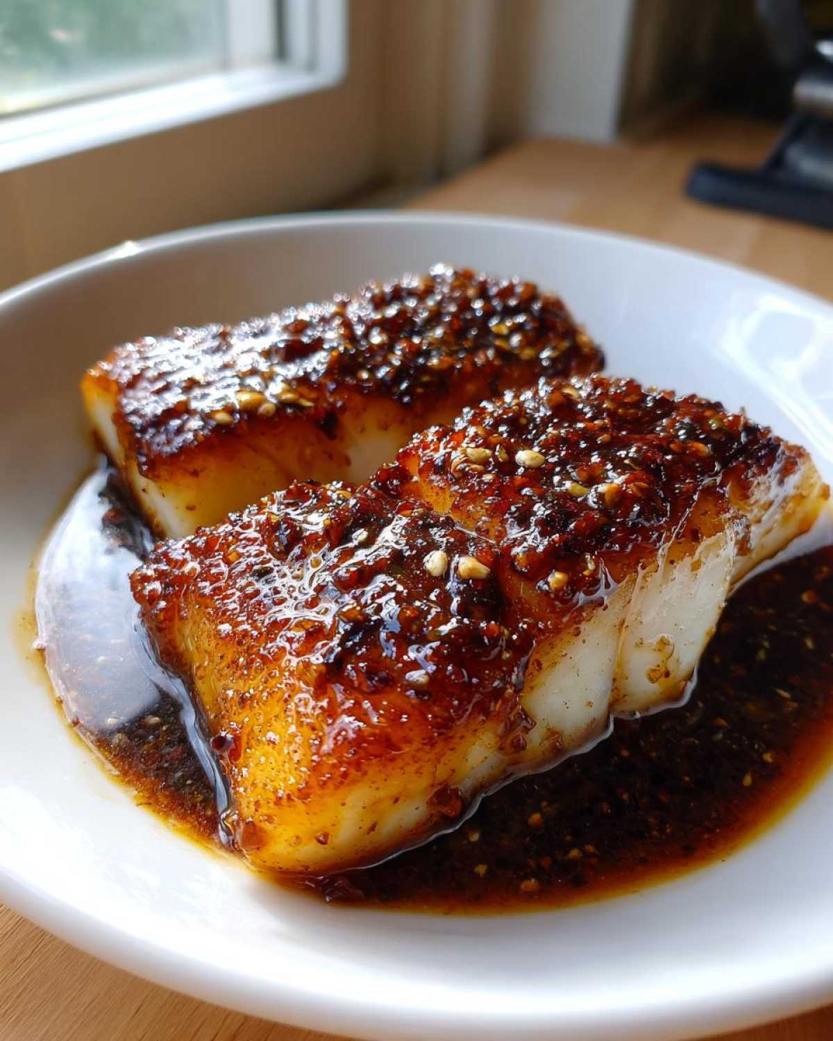 Two perfectly seared fillets of Honey Glazed Cod covered in a thick, dark, sticky glaze with visible sesame seeds.