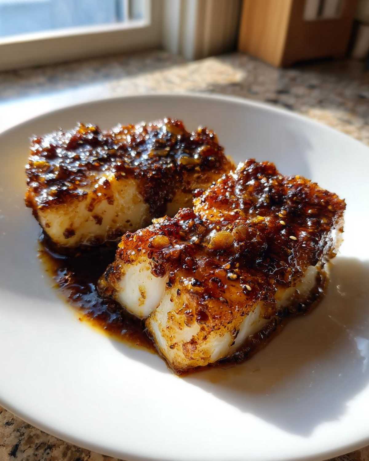 Two thick fillets of white fish, likely Honey Glazed Cod, covered in a dark, sticky, caramelized garlic-soy glaze.