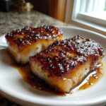 Two thick, perfectly seared fillets of Honey Glazed Cod covered in a dark, sticky, speckled glaze on a white plate.