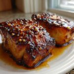 Two thick fillets of Honey Glazed Cod, seared and covered in a sticky, dark glaze with visible chili flakes.