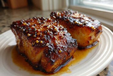 Two thick fillets of Honey Glazed Cod, seared and covered in a sticky, dark glaze with visible chili flakes.
