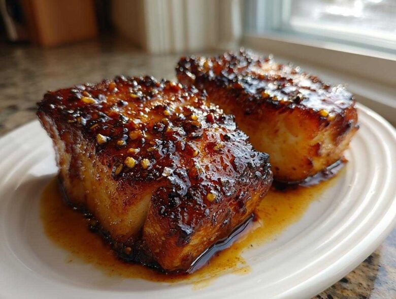 Two thick fillets of Honey Glazed Cod, seared and covered in a sticky, dark glaze with visible chili flakes.