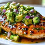 Close-up of a perfectly cooked Honey Lime Chicken Avocado breast covered in a glossy glaze and fresh avocado salsa.