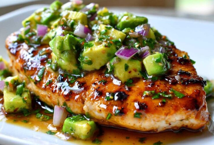 Close-up of a perfectly cooked Honey Lime Chicken Avocado breast covered in a glossy glaze and fresh avocado salsa.