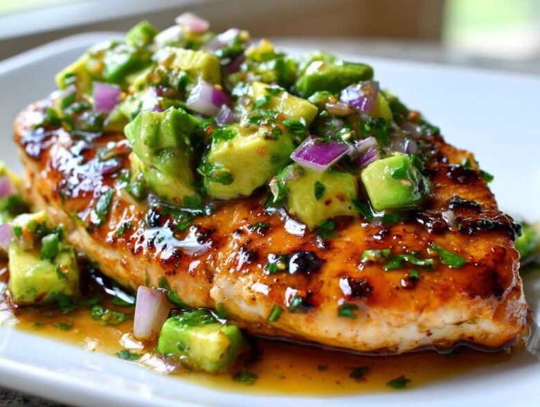 Close-up of a perfectly cooked Honey Lime Chicken Avocado breast covered in a glossy glaze and fresh avocado salsa.