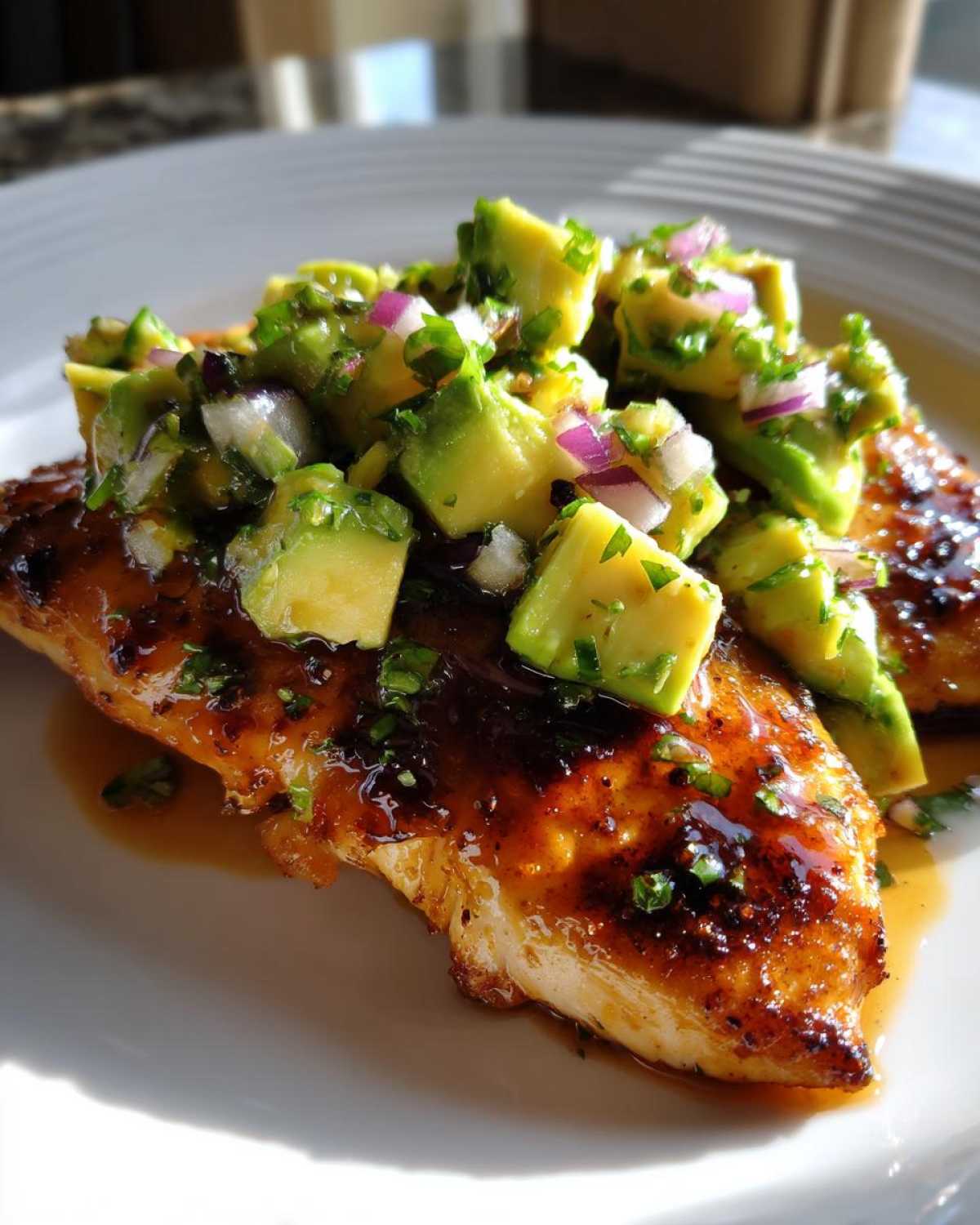 Close-up of glazed Honey Lime Chicken Avocado topped with fresh avocado salsa on a white plate.