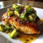 Close-up of a glazed Honey Lime Chicken breast topped with fresh avocado salsa.