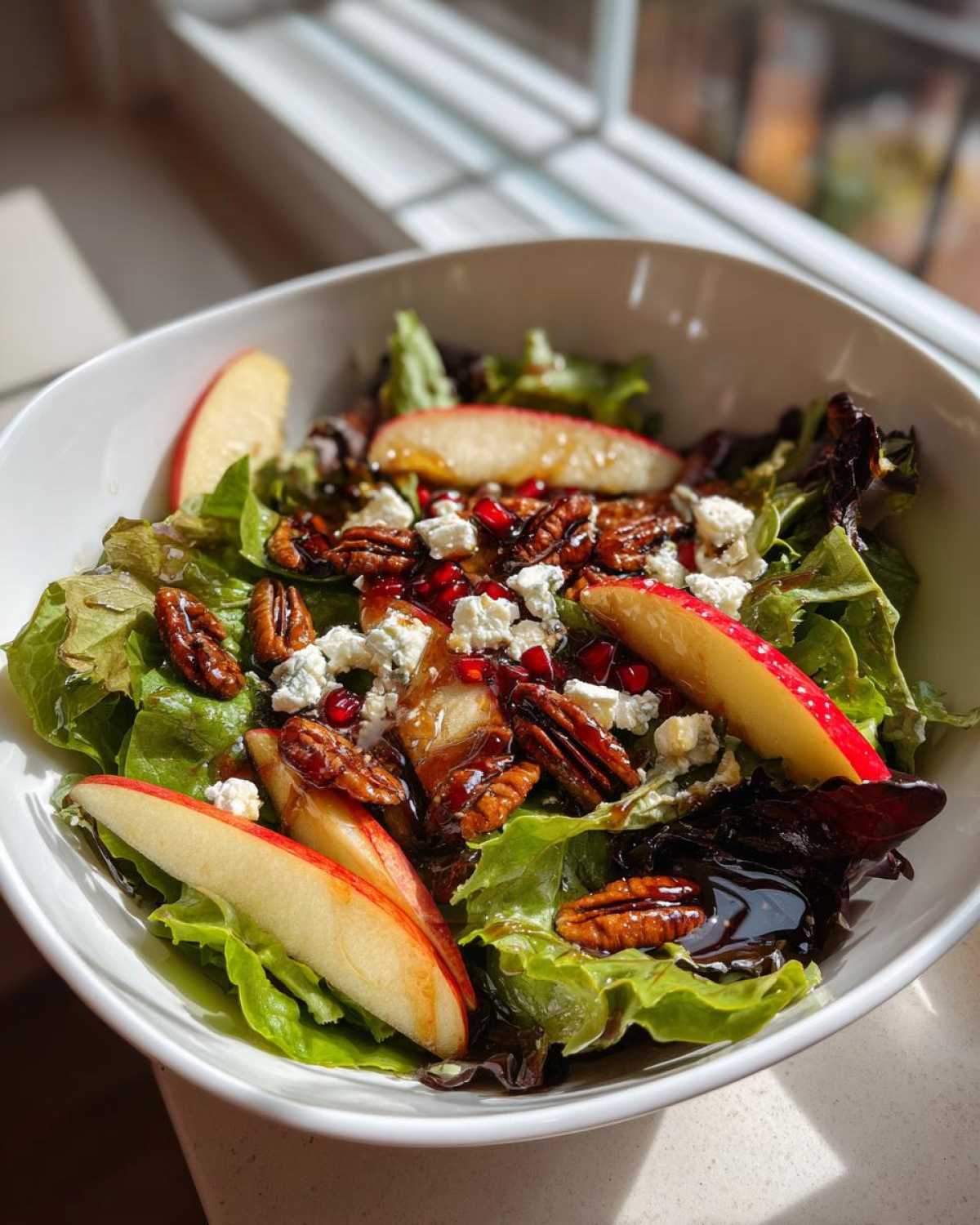 Close-up of a Honeycrisp Apple Feta Salad featuring greens, apple slices, feta, pecans, and balsamic glaze.