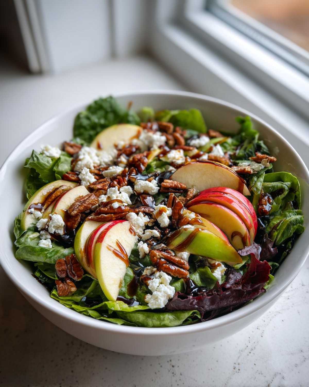 A close-up view of a fresh Honeycrisp Apple Feta Salad topped with pecans and balsamic glaze in a white bowl.