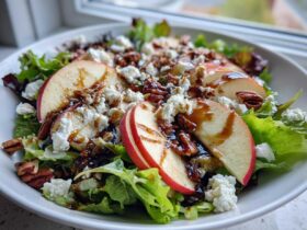 A vibrant Honeycrisp Apple Feta Salad featuring crisp lettuce, sliced red apples, crumbled feta cheese, pecans, and a balsamic glaze.