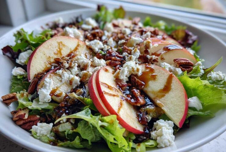 A vibrant Honeycrisp Apple Feta Salad featuring crisp lettuce, sliced red apples, crumbled feta cheese, pecans, and a balsamic glaze.