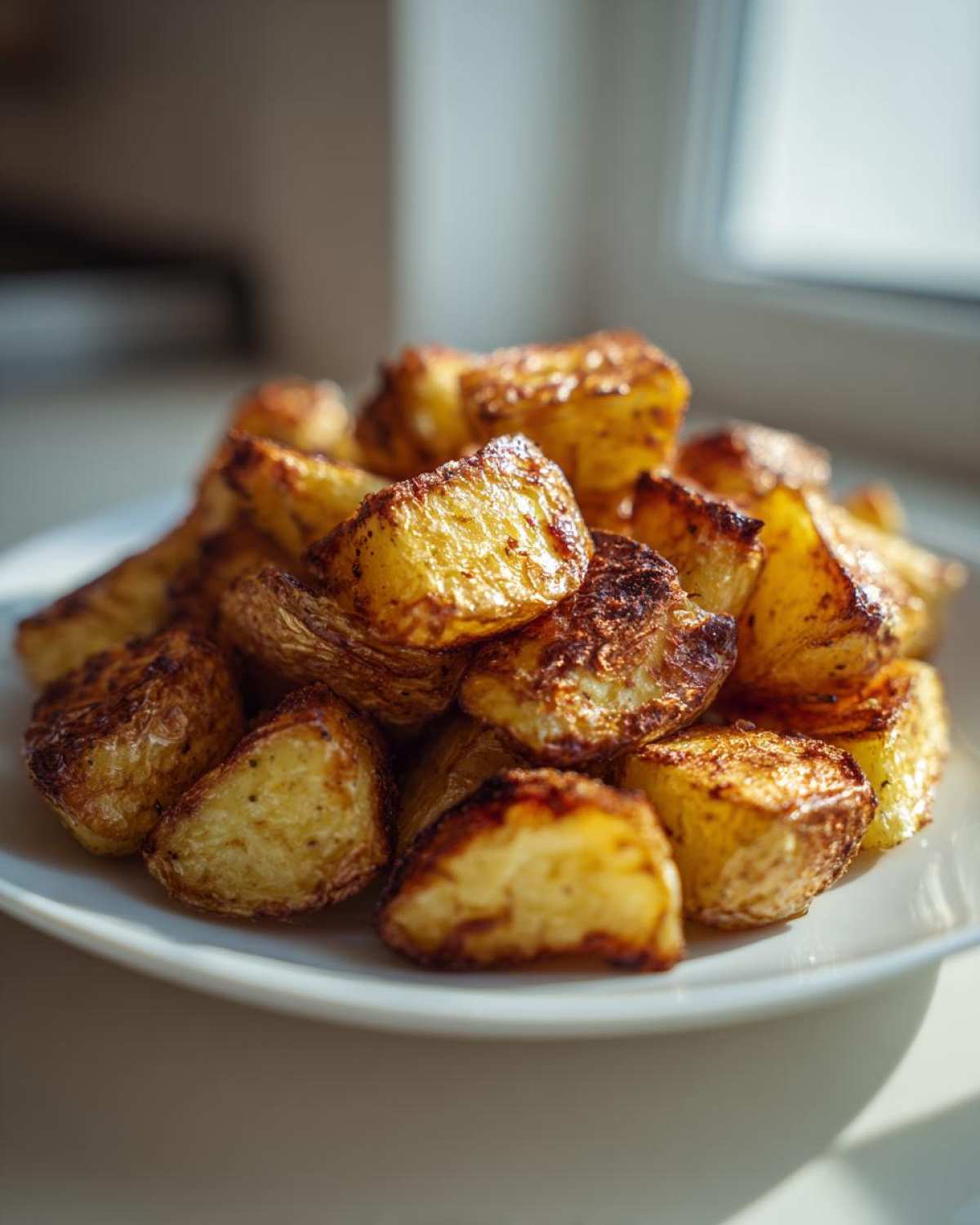 A close-up of golden brown, crispy Irish Roasted Potatoes piled high on a white plate, catching bright sunlight.