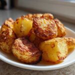 A close-up of perfectly golden and crispy Irish Roasted Potatoes piled high on a white plate.