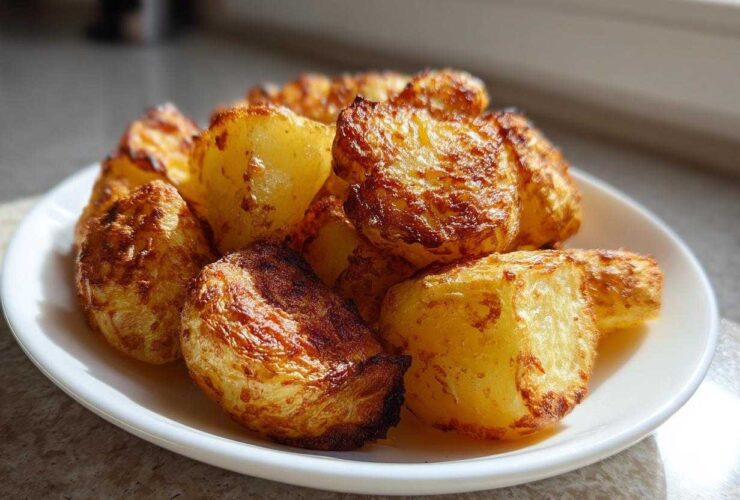 A close-up of perfectly golden and crispy Irish Roasted Potatoes piled high on a white plate.