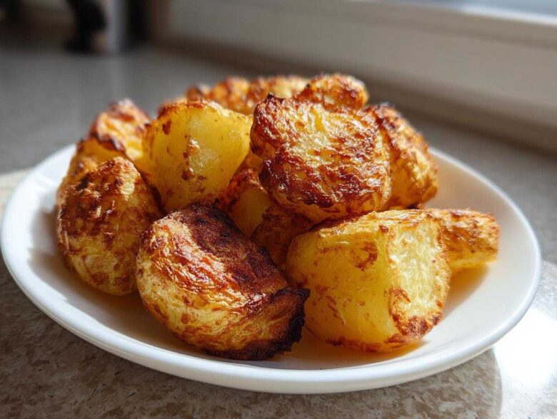 A close-up of perfectly golden and crispy Irish Roasted Potatoes piled high on a white plate.