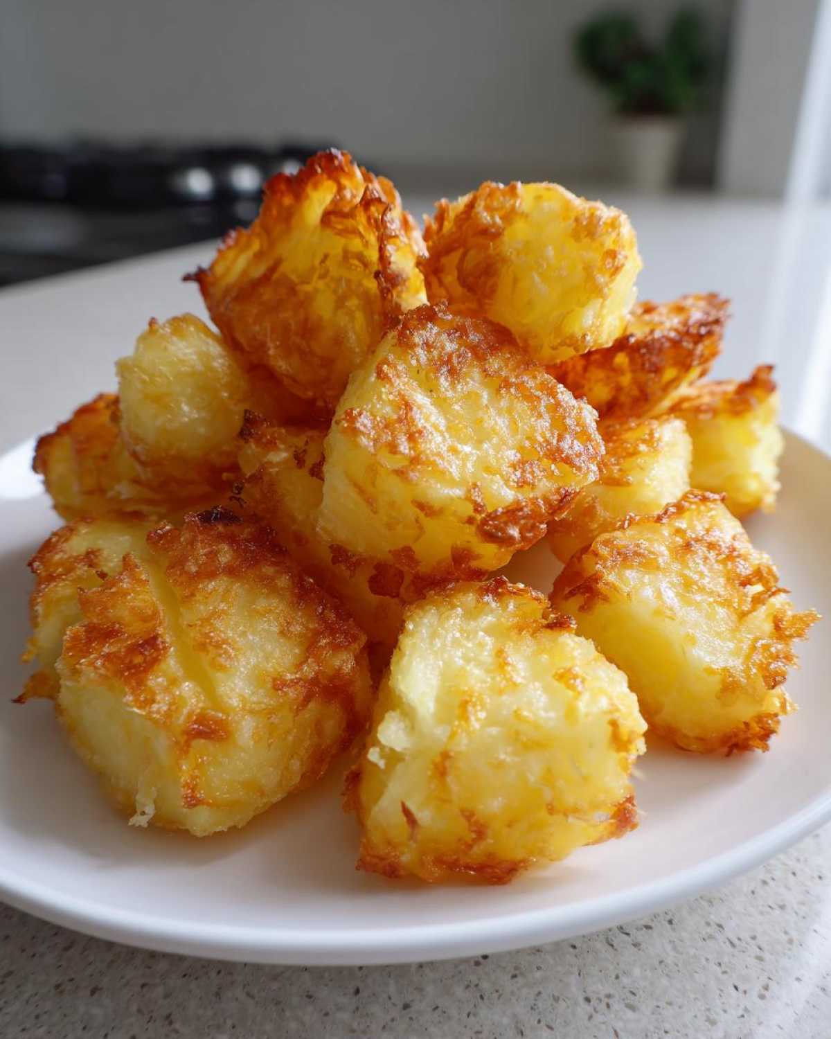 A close-up of fluffy, golden brown Irish Roasted Potatoes piled high on a white plate.