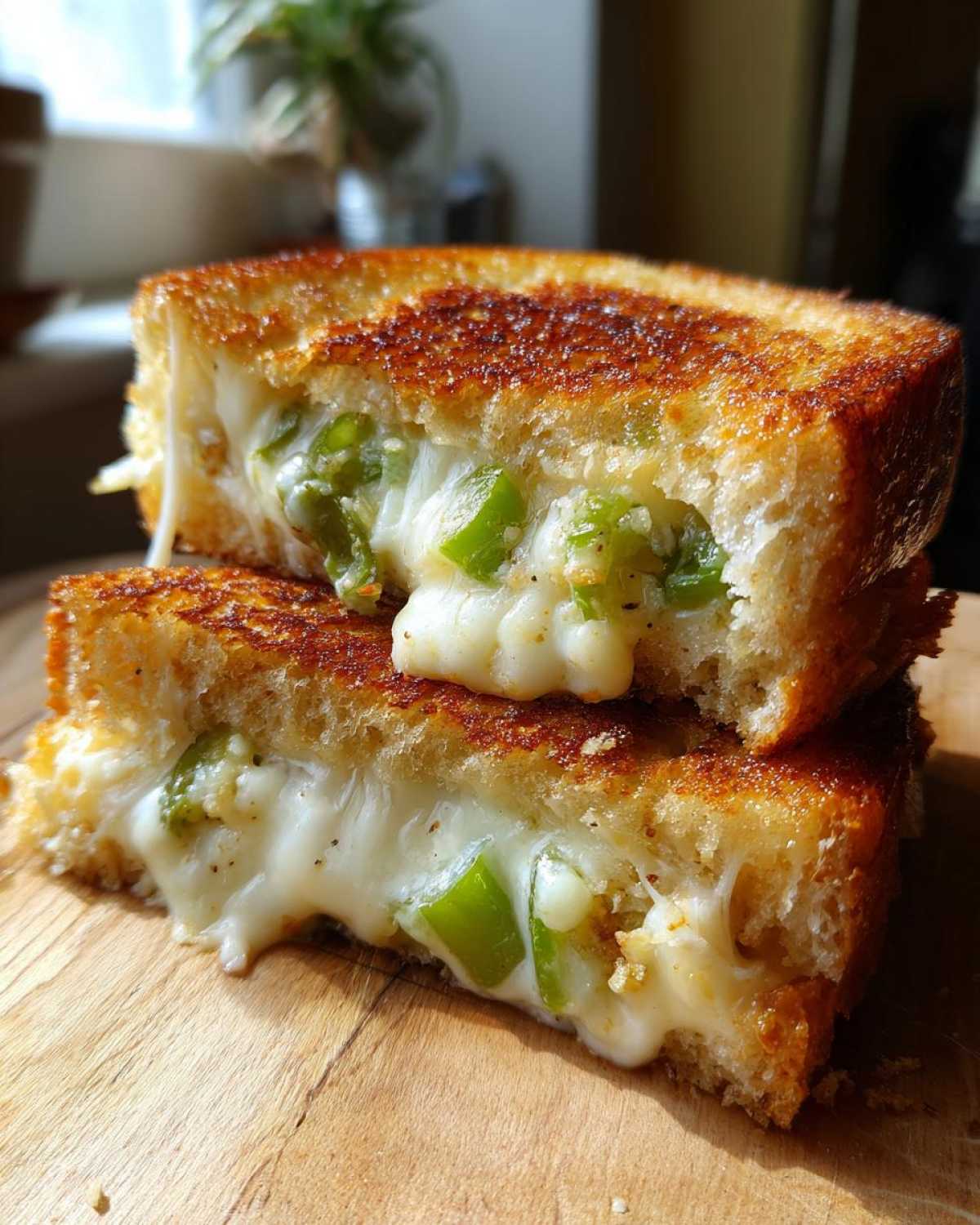 Close-up of a Jalapeño Popper Grilled Cheese Sandwich cut in half, showing melted cheese and green jalapeño pieces.