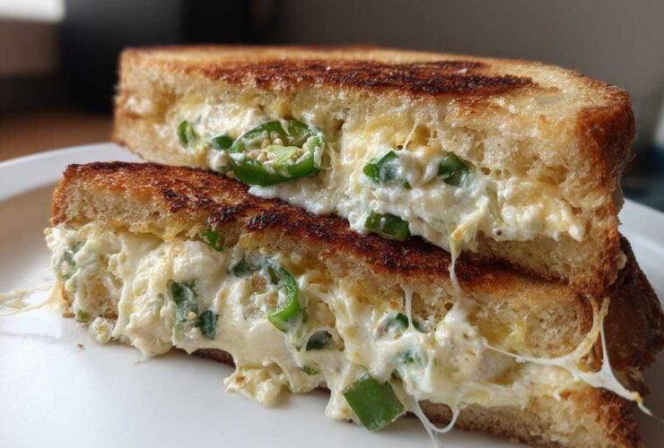 Close-up of a Jalapeño Popper Grilled Cheese Sandwich cut in half, showing gooey cheese and sliced jalapeños.