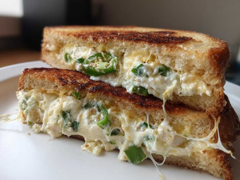 Close-up of a Jalapeño Popper Grilled Cheese Sandwich cut in half, showing gooey cheese and sliced jalapeños.