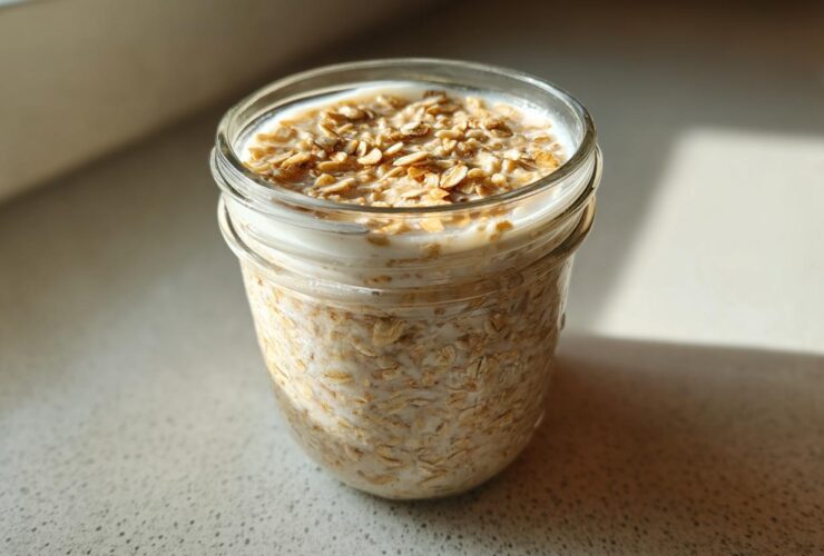 A glass jar filled with creamy Overnight Oats, topped with dry oats, sitting in bright sunlight.