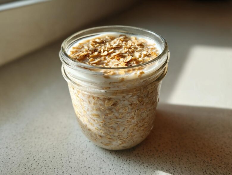 A glass jar filled with creamy Overnight Oats, topped with dry oats, sitting in bright sunlight.