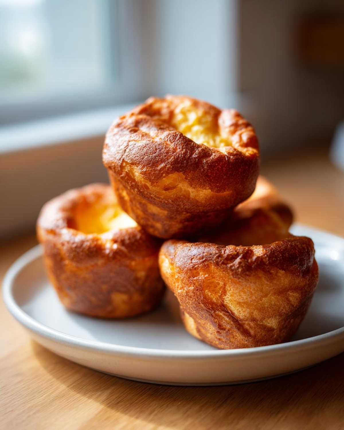 A stack of four golden brown, perfectly puffed Jordan Pond Popovers sitting on a light gray plate near a window.