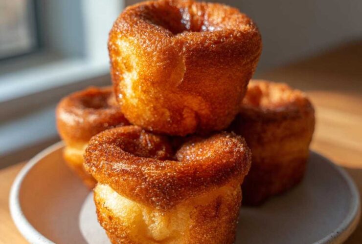 A stack of four golden brown, puffy Jordan Pond Popovers sitting on a small ceramic plate near a window.