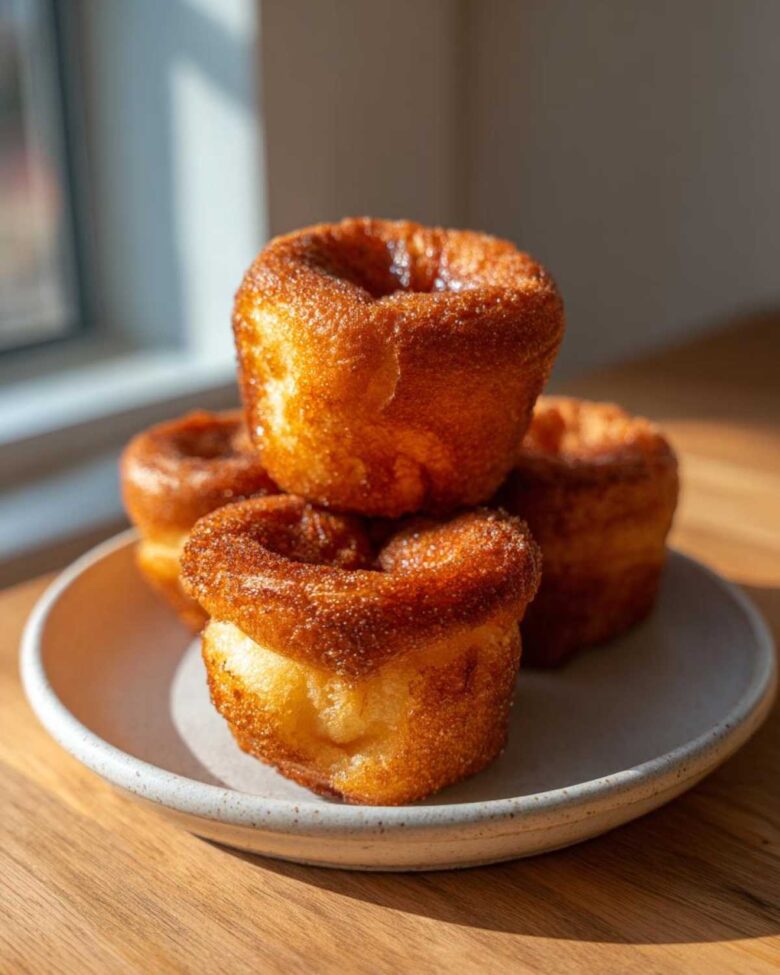 A stack of four golden brown, puffy Jordan Pond Popovers sitting on a small ceramic plate near a window.