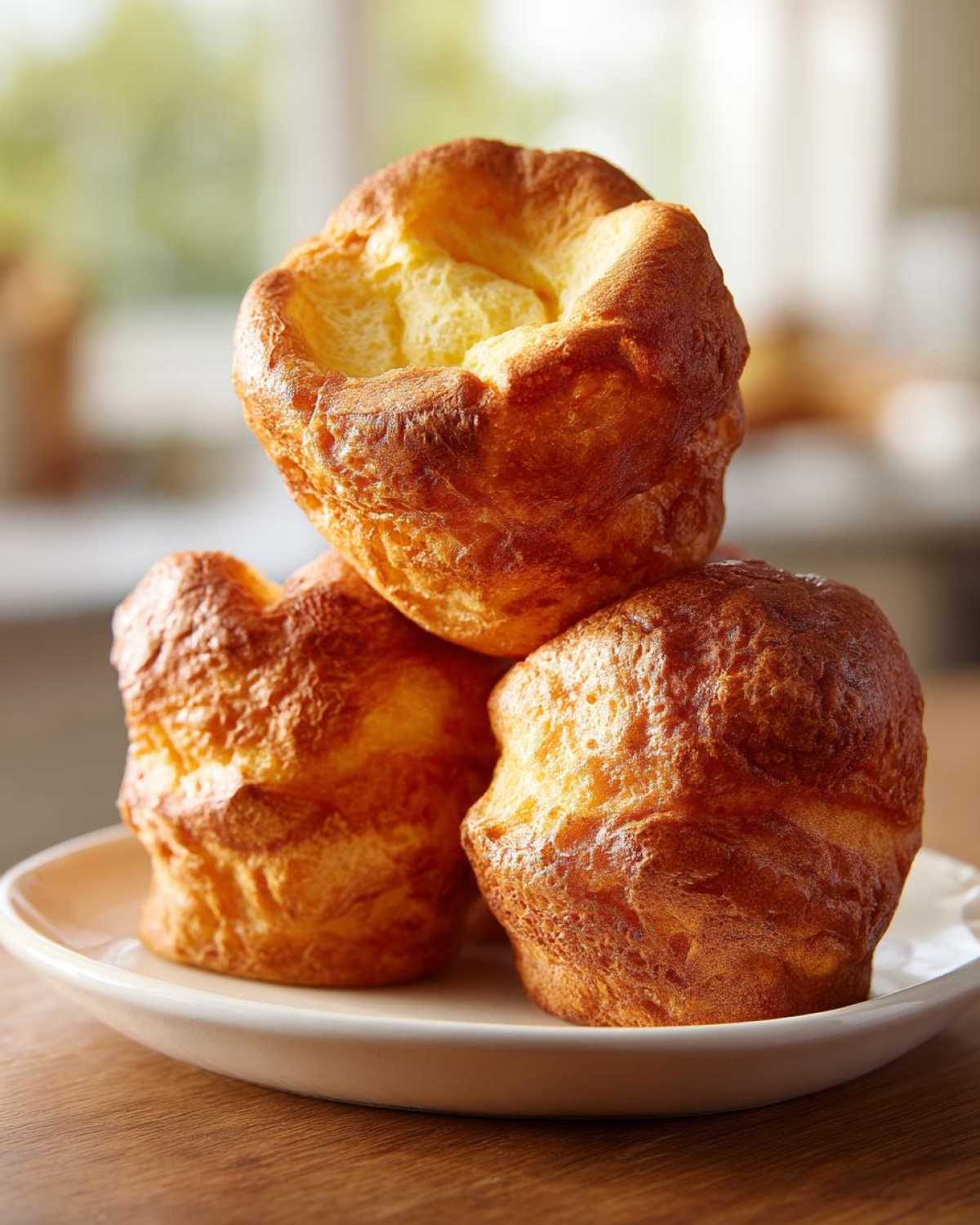 Three golden brown, puffed Jordan Pond Popovers stacked on a light-colored plate.