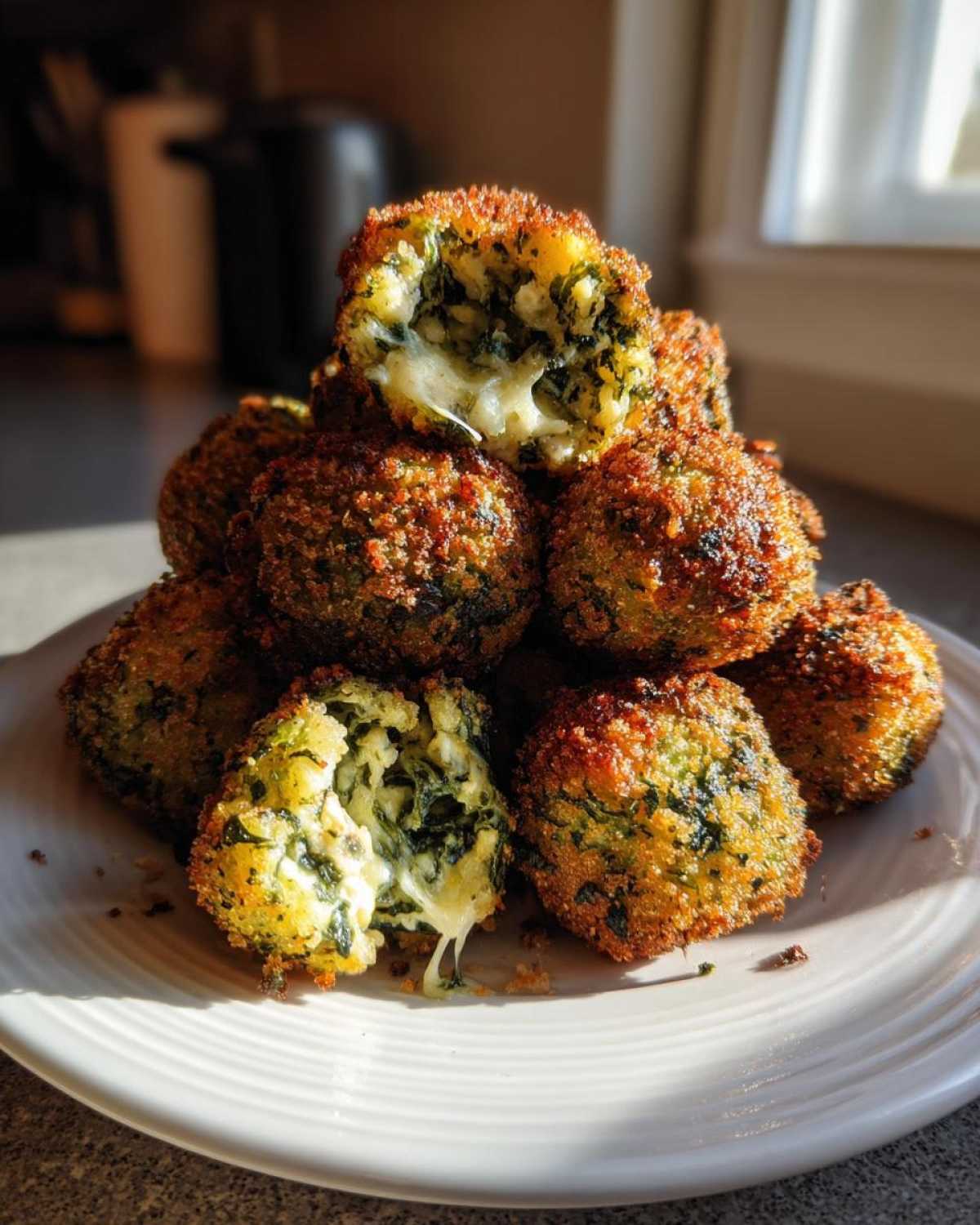 A stack of golden brown, crispy Knapperige Spinazie Bites met Feta, one broken open showing melted cheese.
