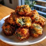 A pile of crispy, golden Knapperige Spinazie Bites met Feta, one is broken open showing melted cheese and spinach filling.