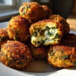 A pile of crispy, golden brown Knapperige Spinazie Bites met Feta, one cut open showing melted cheese and spinach filling.