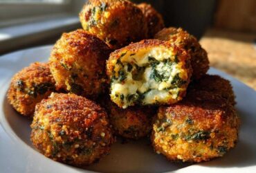A pile of crispy, golden brown Knapperige Spinazie Bites met Feta, one cut open showing melted cheese and spinach filling.