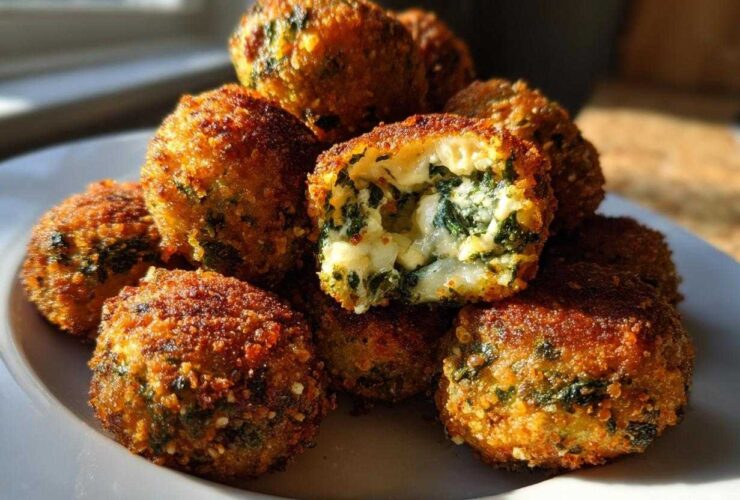 A pile of crispy, golden brown Knapperige Spinazie Bites met Feta, one cut open showing melted cheese and spinach filling.