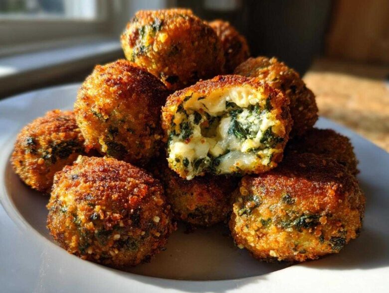 A pile of crispy, golden brown Knapperige Spinazie Bites met Feta, one cut open showing melted cheese and spinach filling.