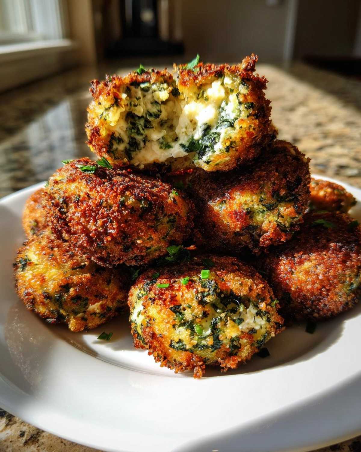 A stack of golden brown, crispy Knapperige Spinazie Bites met Feta, one cut open showing the spinach and melted cheese filling.