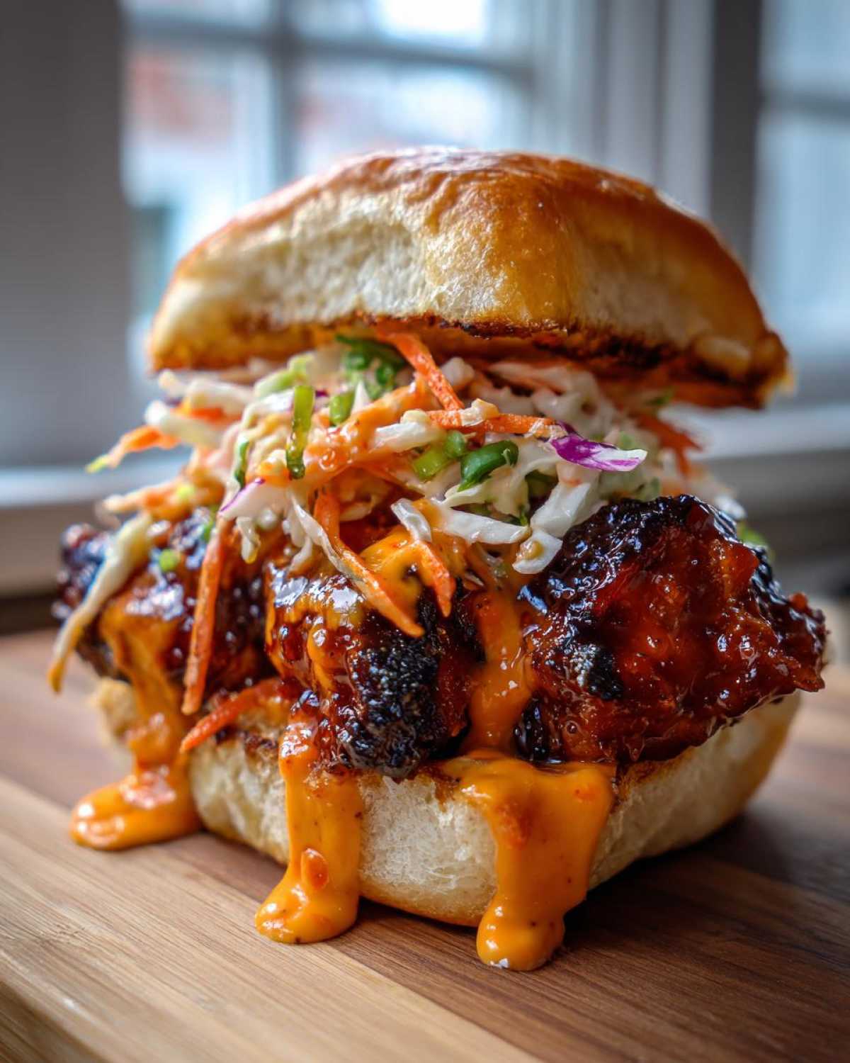 A juicy KOREAN BBQ CHICKEN SANDWICH piled high with glazed chicken, creamy sauce, and colorful slaw on a brioche bun.