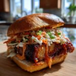 Close-up of a KOREAN BBQ CHICKEN SANDWICH featuring glazed chicken, creamy slaw, and a toasted bun.