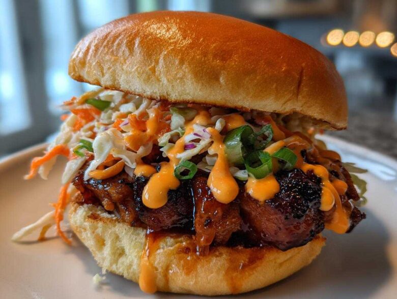 Close-up of a juicy KOREAN BBQ CHICKEN SANDWICH topped with creamy sauce and crunchy slaw on a toasted bun.