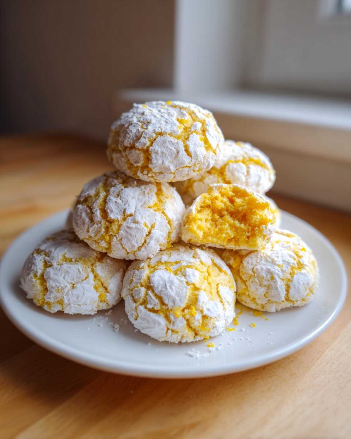 A stack of bright yellow Lemon Crinkle Cookies covered in white powdered sugar, with one cookie broken open to show the soft interior.