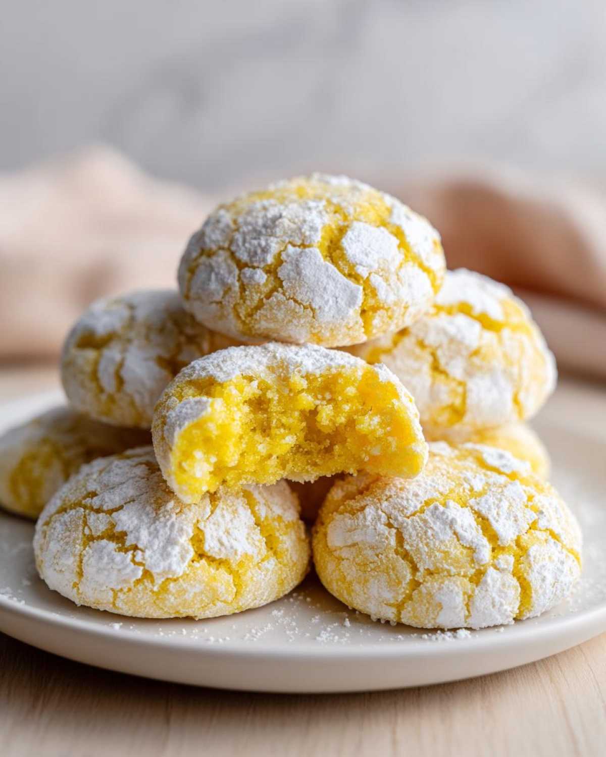 A stack of bright yellow Lemon Crinkle Cookies dusted heavily with powdered sugar, one cookie broken open to show the soft interior.