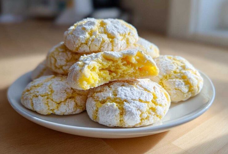 A stack of bright yellow Lemon Crinkle Cookies dusted heavily with powdered sugar, one cookie broken open to show the soft interior.