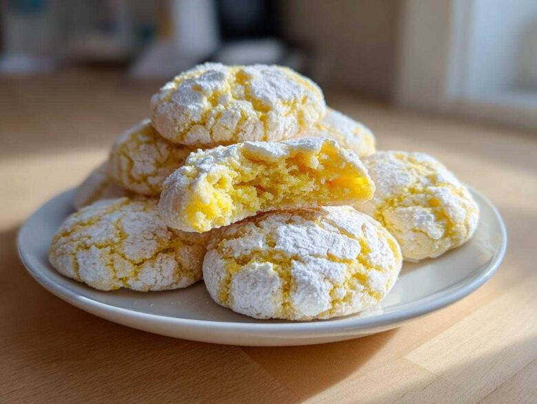 A stack of bright yellow Lemon Crinkle Cookies dusted heavily with powdered sugar, one cookie broken open to show the soft interior.
