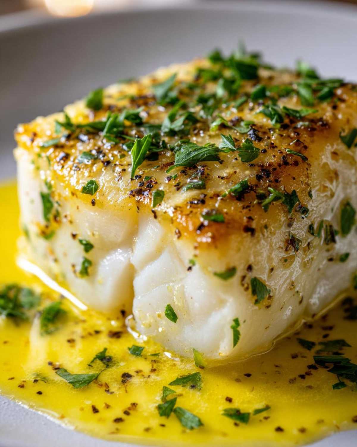 Close-up of a flaky white cod fillet cooked in rich lemon garlic butter sauce, topped with fresh parsley.